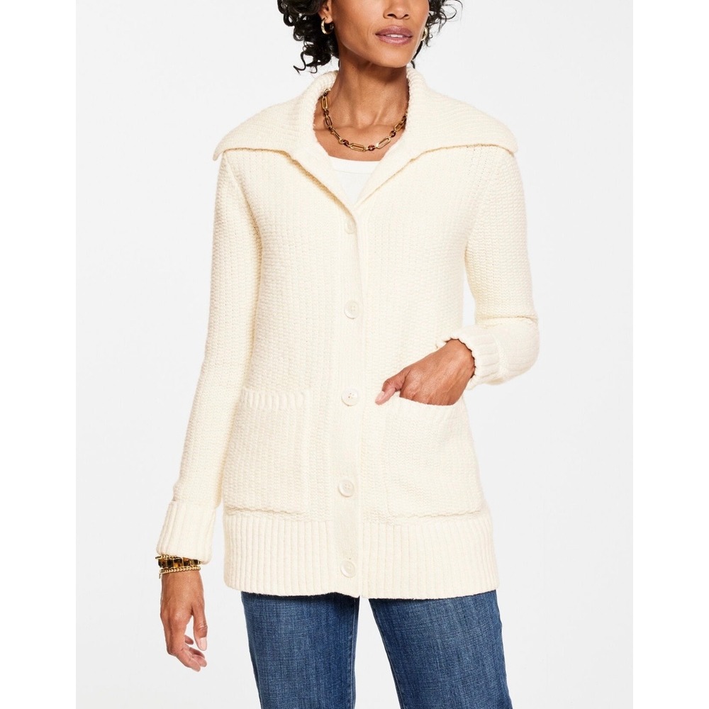 Talbots Textured Stitch Chunky Cardigan Ivory Preppy Women's Knit Cottagecore M